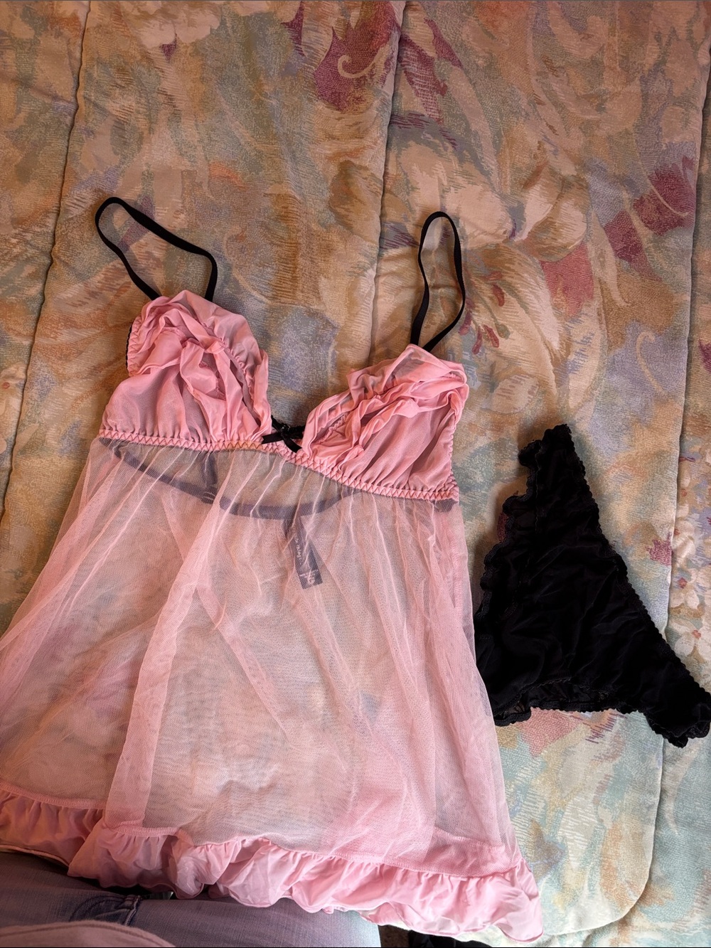 Victoria's Secret Pink Sheer Ruffle Babydoll with Black Trim